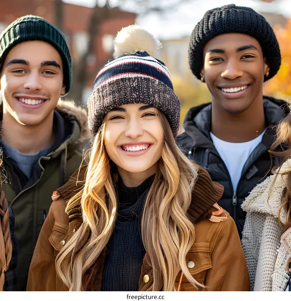 Happy Diverse Group of Friends Smiling and Looking at Camera in Winter