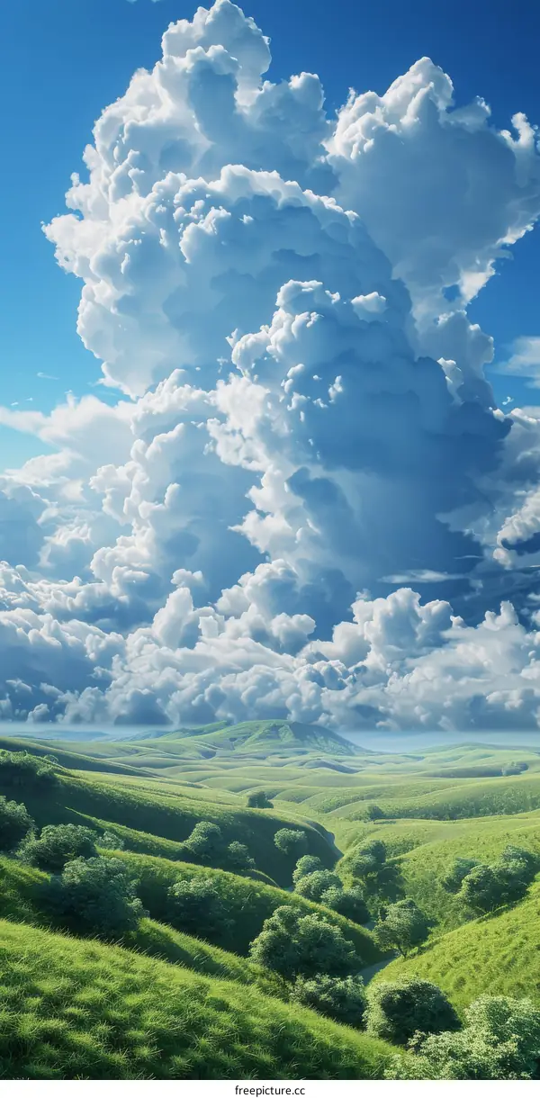 Green rolling hills under a blue sky with white clouds
