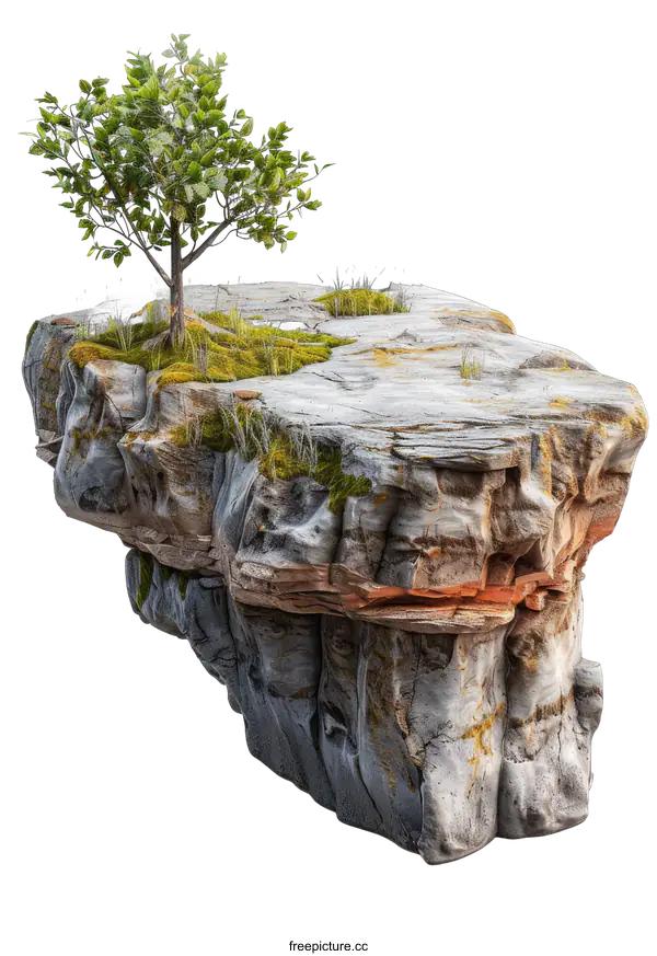 [Transparent Background PNG]Small tree growing on a large rock in the middle of the image with a dark background