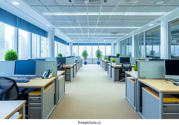 An empty office with cubicles and computers