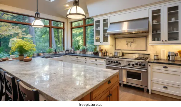 Modern kitchen design with large island and stainless steel appliances