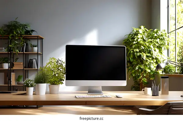 Modern Home Office with Plants and a Computer
