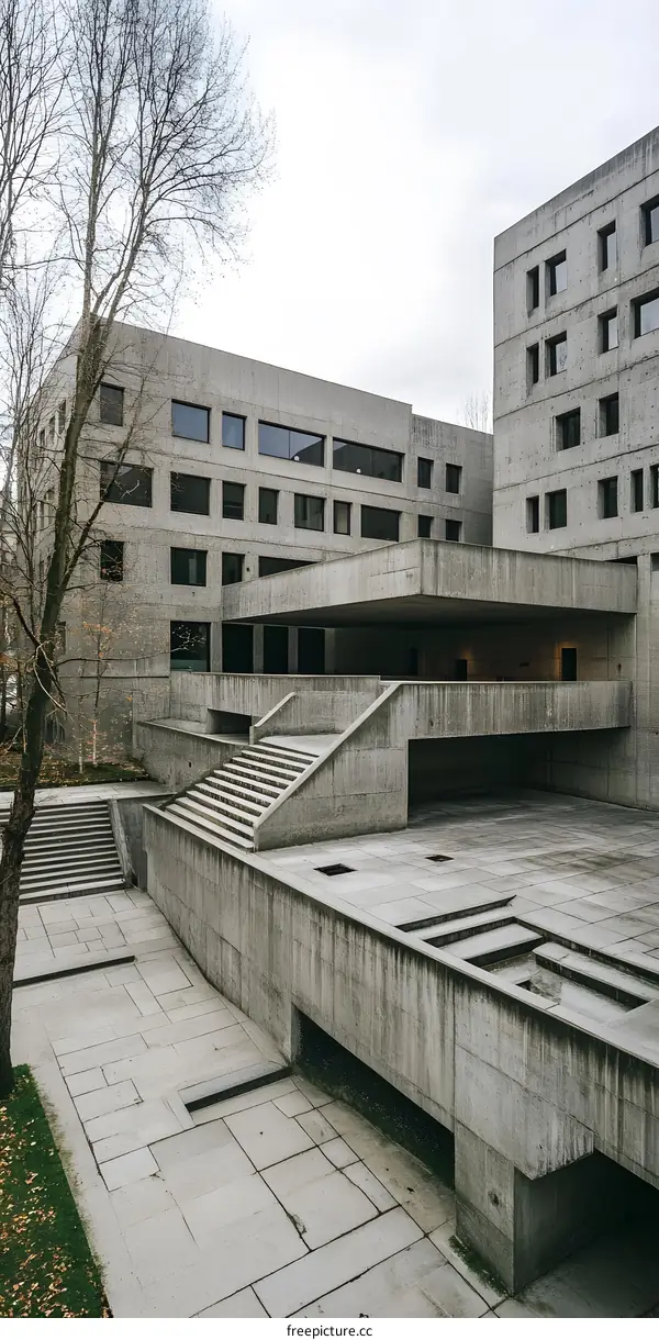 Modern Concrete Architecture Building Exterior With Stairs
