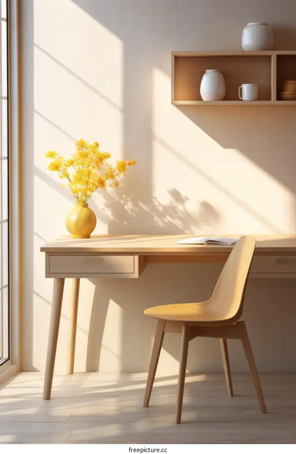Minimalist Scandinavian Desk and Chair with Yellow Flowers