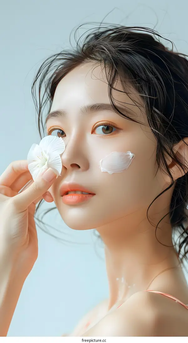 Young Asian Woman Holding a Flower with Natural Beauty and Makeup