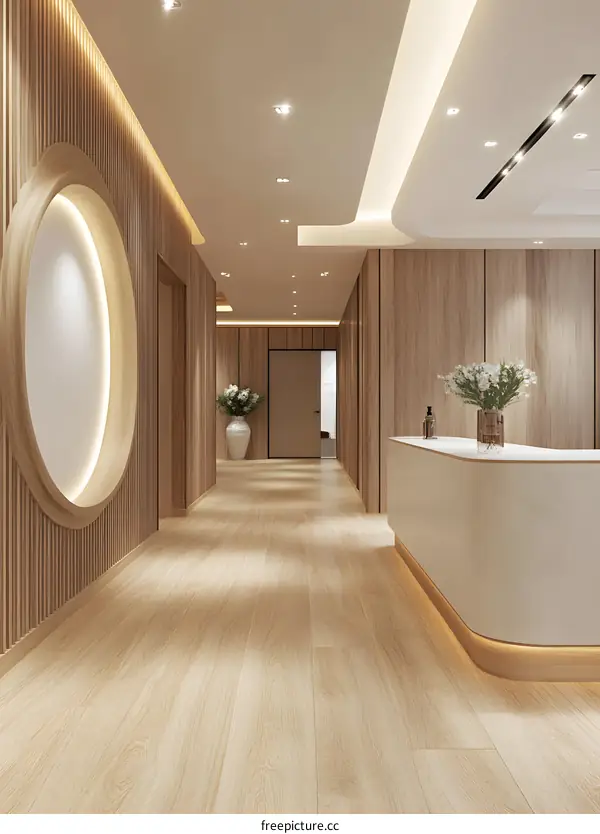 Modern Minimalist Interior Design with Wooden Panels and Circular Wall Feature