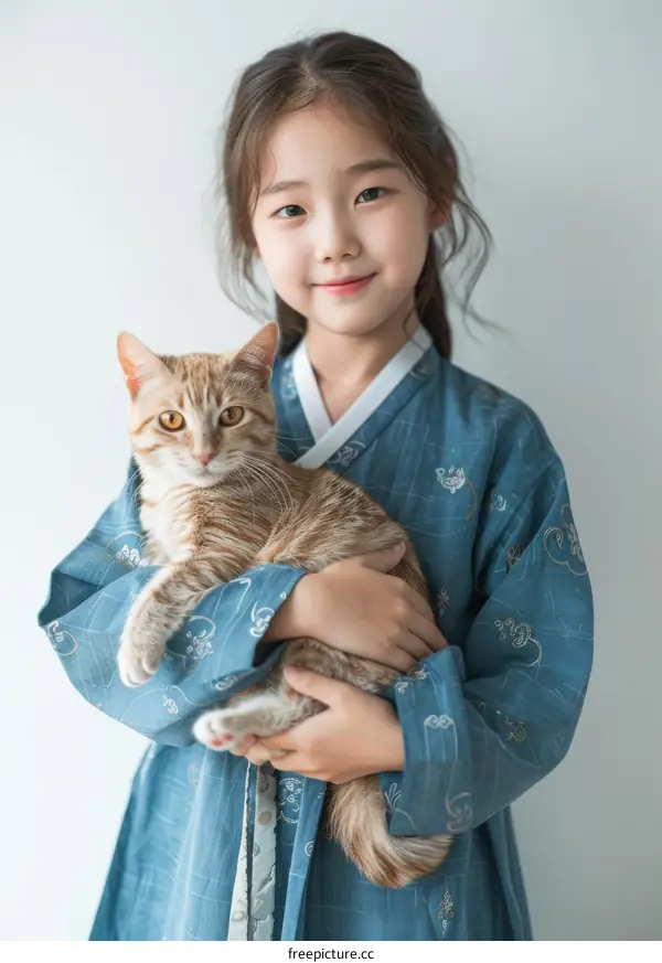 Little Asian girl in blue traditional dress holding an orange cat