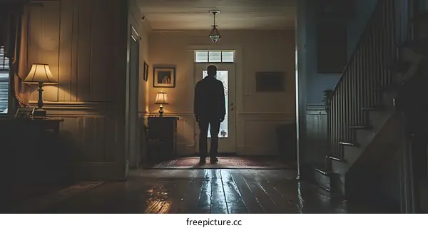 A dark hallway with a man standing in the doorway