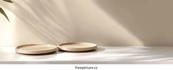 Empty Wooden Plates on White Surface with Sunlight