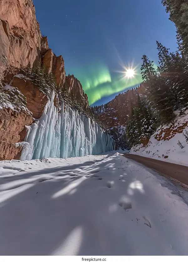 Frozen Waterfall in a Canyon Under a Starry Night