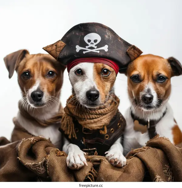 Three dogs wearing pirate hats and costumes