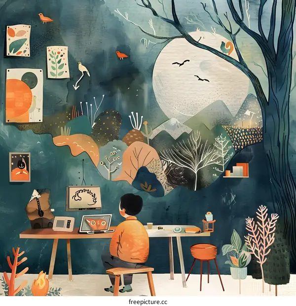 Person Sitting at Desk with a Laptop and Looking at a Landscape Illustration