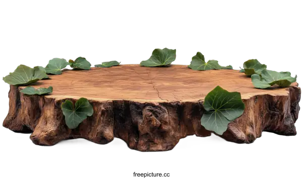 [Transparent Background PNG]Wooden Stump Display with Green Leaves