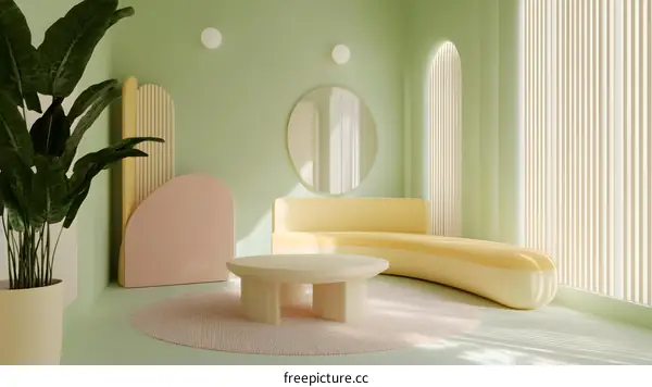 Modern Minimalist Living Room Interior Design with Curved Sofa and Round Coffee Table