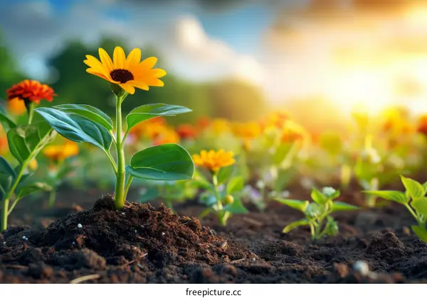 Close-up of a young sunflower plant growing in the soil in a field of flowers with a sunset in the background