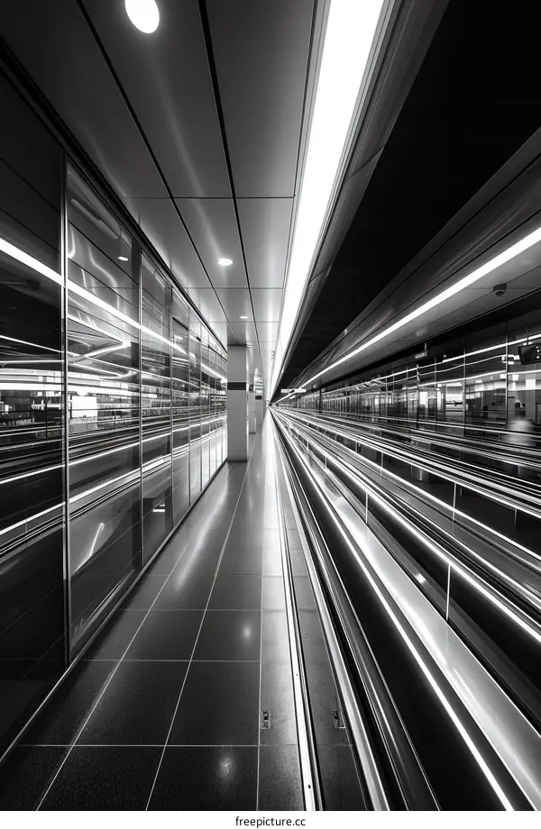 Black and white photo of an empty airport terminal