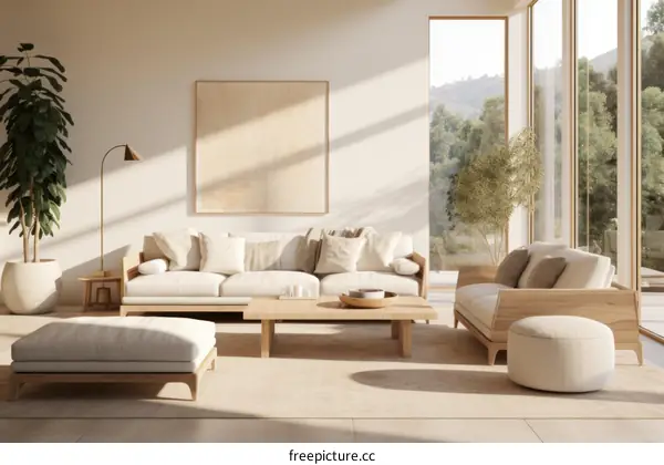 Modern living room with large windows and minimalist design