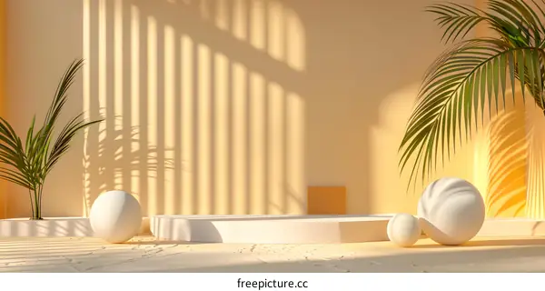 Minimalist Product Display with Palm Leaves and Sunbeams