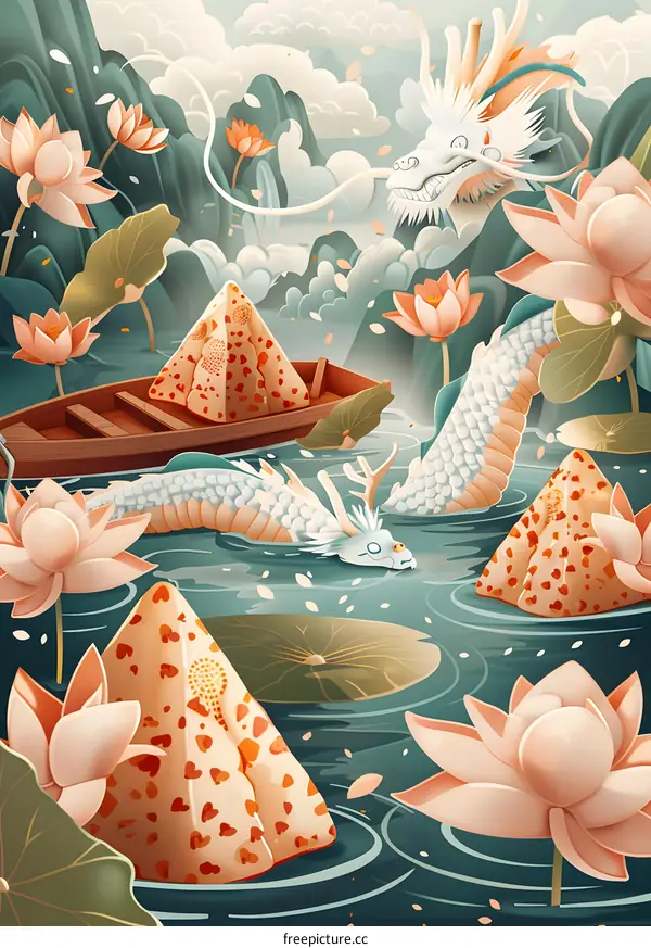 Dragon Boat Festival Celebration with Rice Dumplings and Dragon