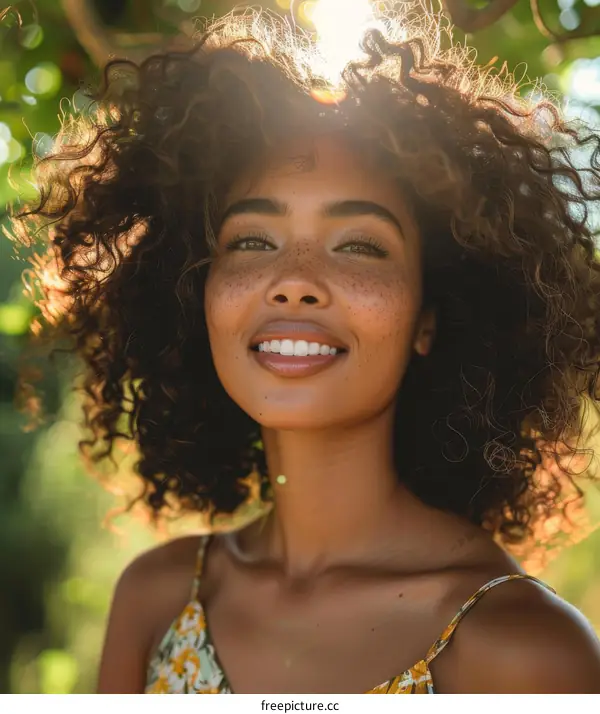 Beautiful Woman with Curly Hair Outdoor Portrait