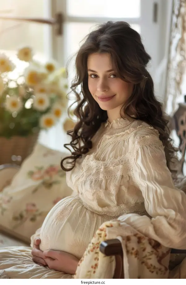 Pregnant Woman in Vintage Dress with Flowers