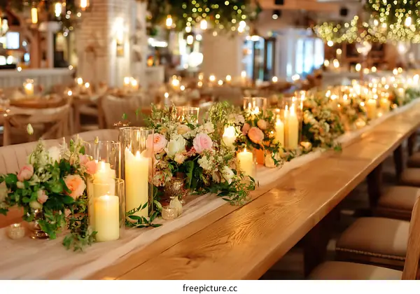 Elegant Wedding Reception Table Setting with Candles and Flowers
