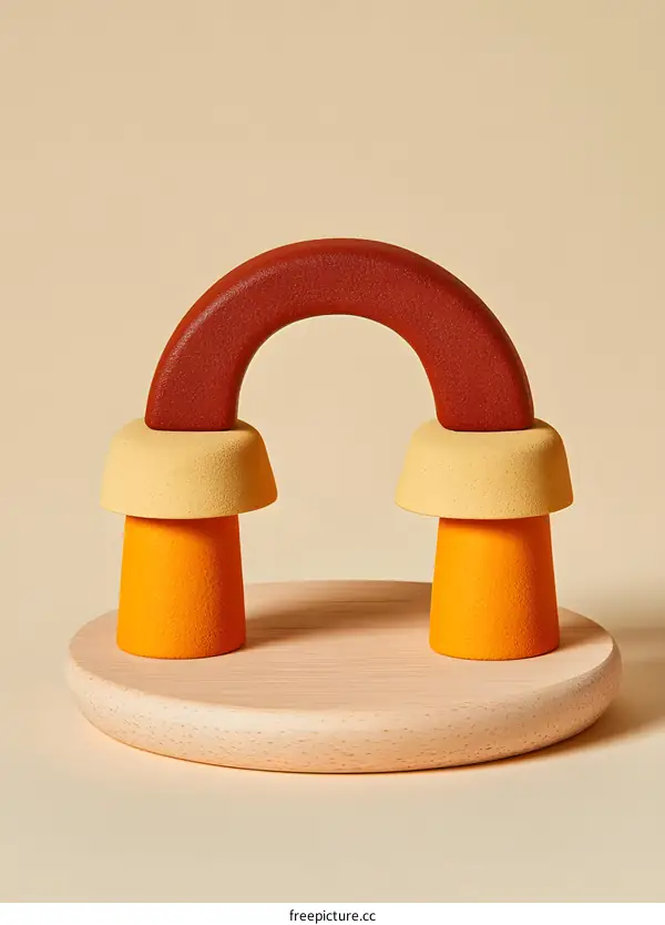 Wooden Rainbow Arch Toy with Yellow and Orange Shapes