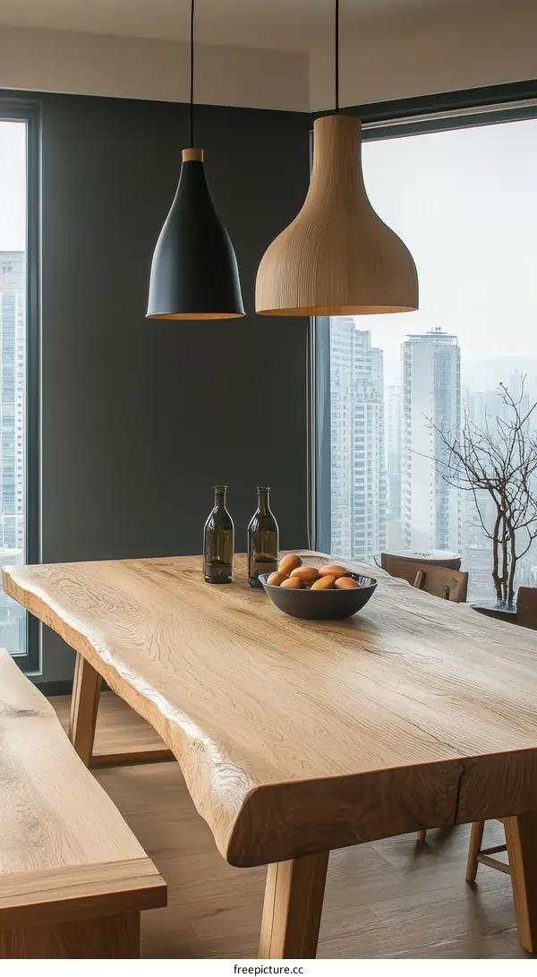 Modern Dining Table with Raw Edge and Pendant Lights