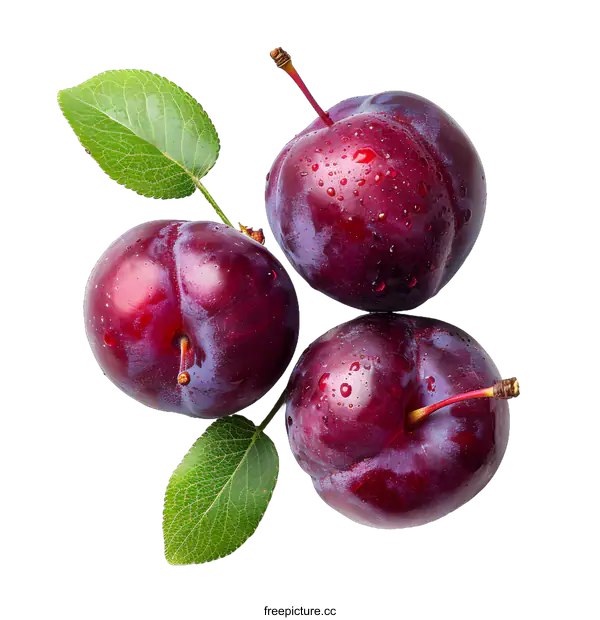 [Transparent Background PNG]Three ripe plums with green leaves isolated on white background
