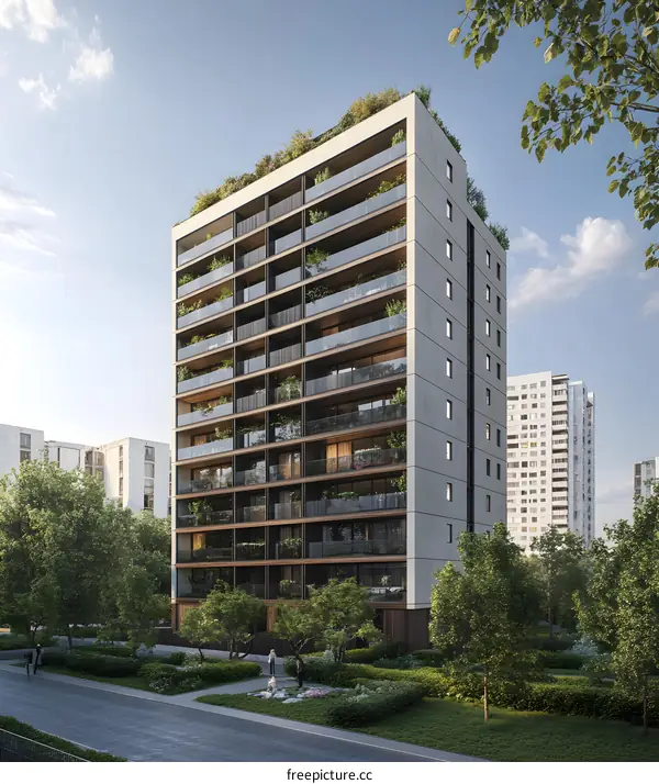 Modern Apartment Building with Green Roof and Balconies
