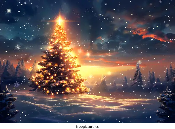 Christmas tree shining in the snow