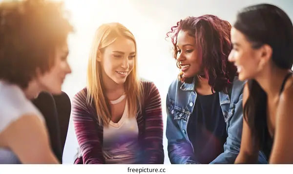 Group of Four Diverse Young Women Talking and Smiling Together