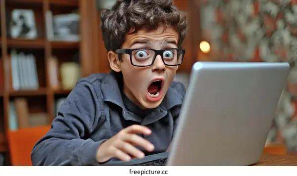 Shocked Boy Looking at Laptop