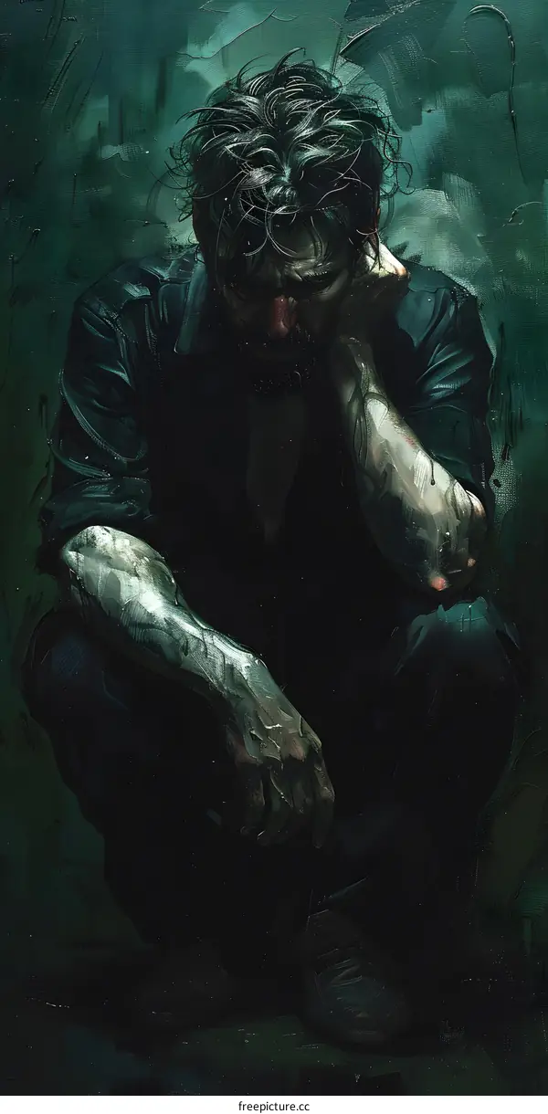 Man Sitting in the Dark with a Green Background