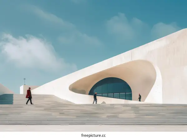 Modern building with curved shapes and a large staircase leading up to it