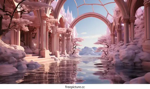 Pink Fantasy Landscape with Pink Water, Trees, and Distant Mountains