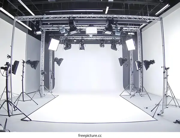 Empty White Studio With Photography Lights