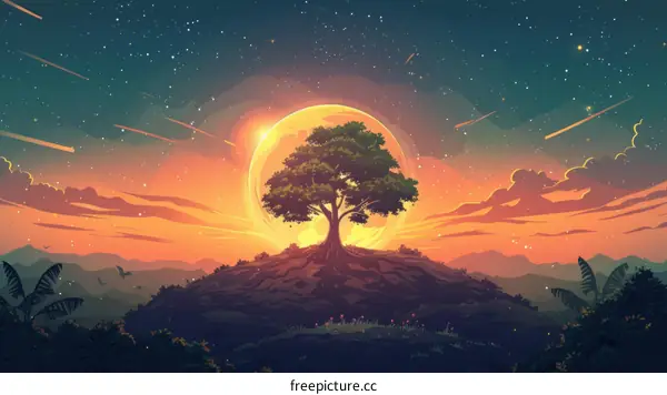 Silhouette of a Tree on a Hill at Sunset