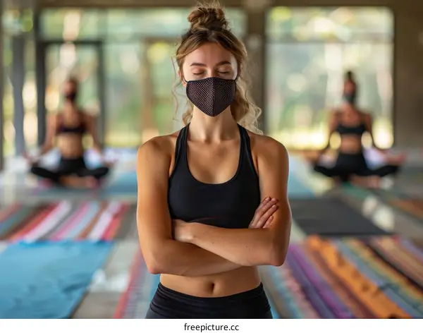 Young woman wearing a mask while practicing yoga in a studio
