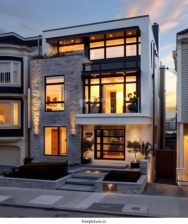 Modern House Exterior with Stone Facade and Large Windows