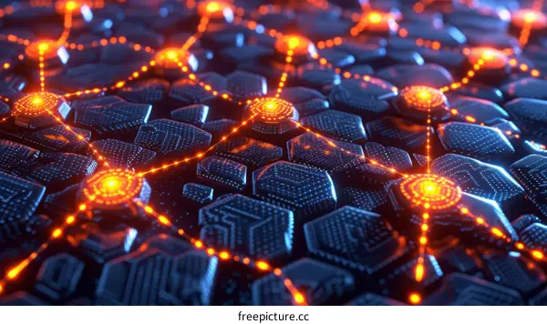 Abstract glowing orange and blue technology background with hexagons