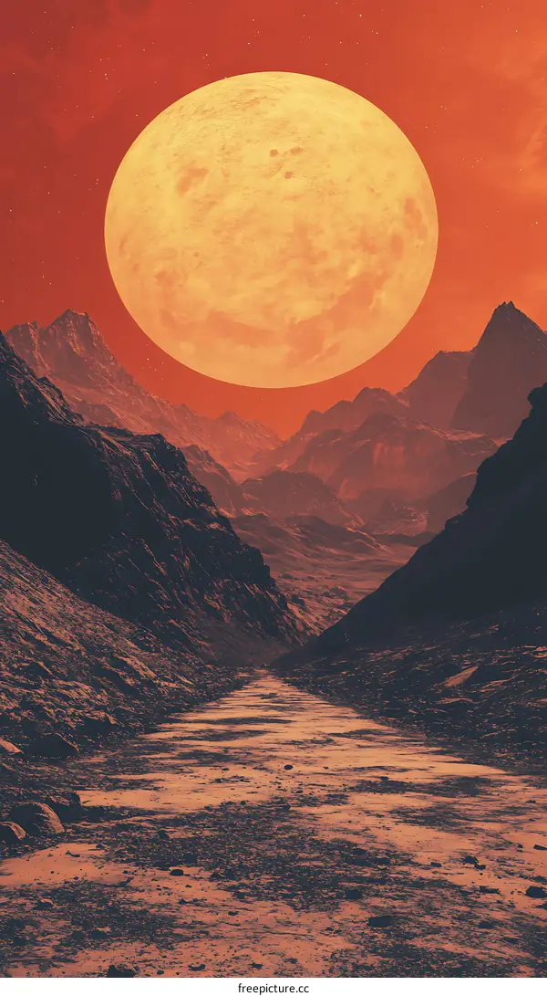 Red Sky with Large Orange Moon Over Mountain Range