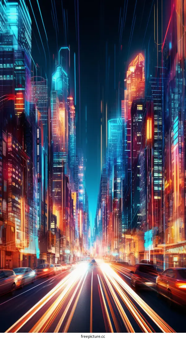 Futuristic cityscape illustration with glowing skyscrapers and light trails