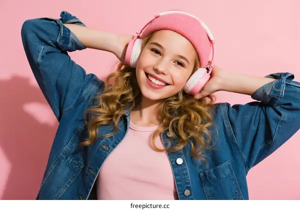 Happy Young Girl Wearing Headphones and Denim Jacket