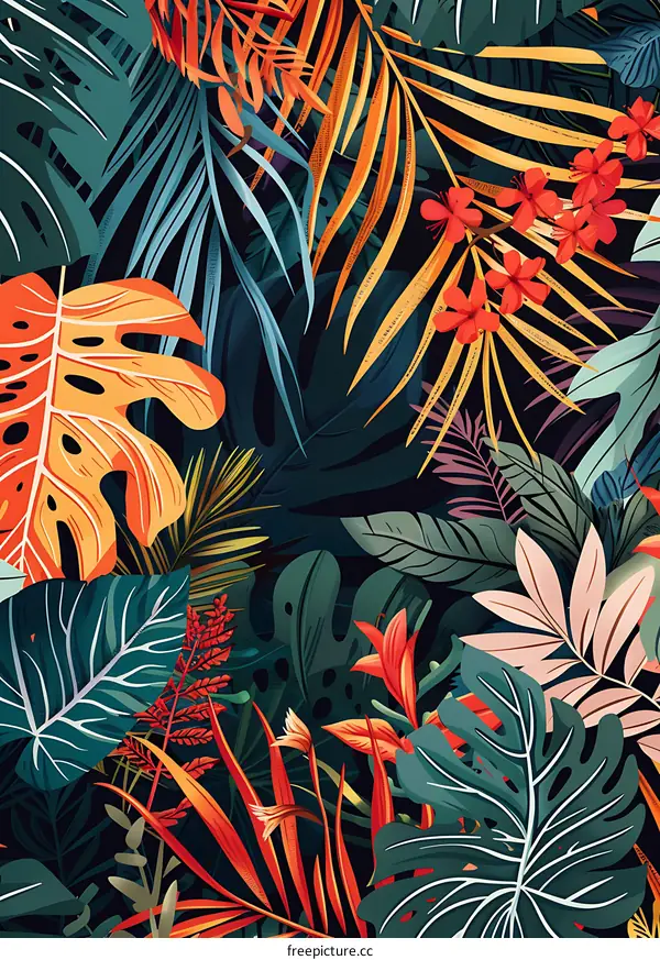 Tropical Leaf Pattern With Orange And Red Flowers Illustration