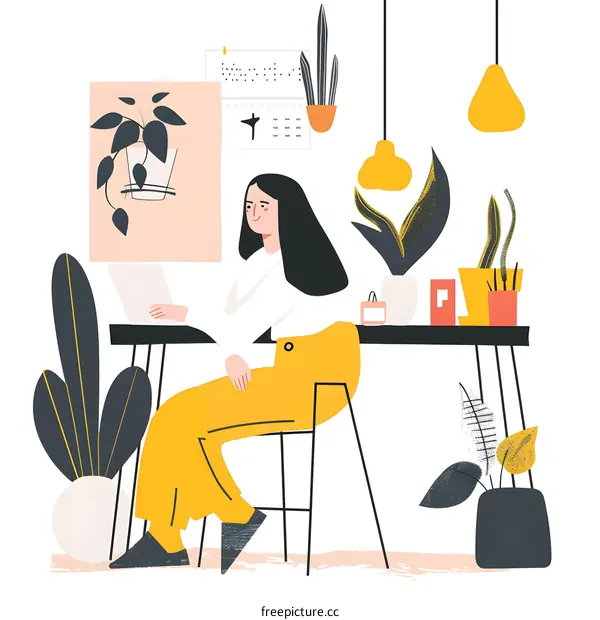 Woman Working at Home with Plants