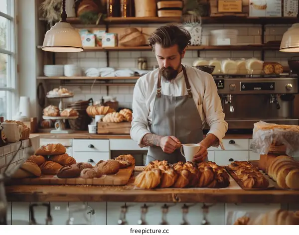 Bearded man wearing apron standing in bakery