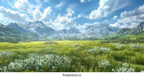 Alpine Meadow in Full Bloom with Snow-Capped Peaks in the Distance