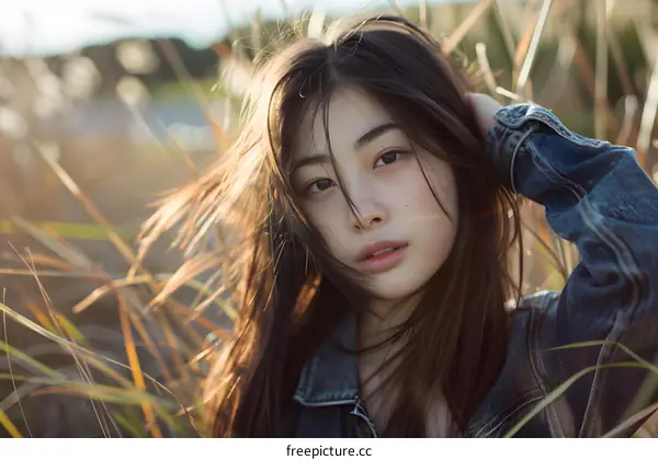Young Asian Woman Posing In Grass Field