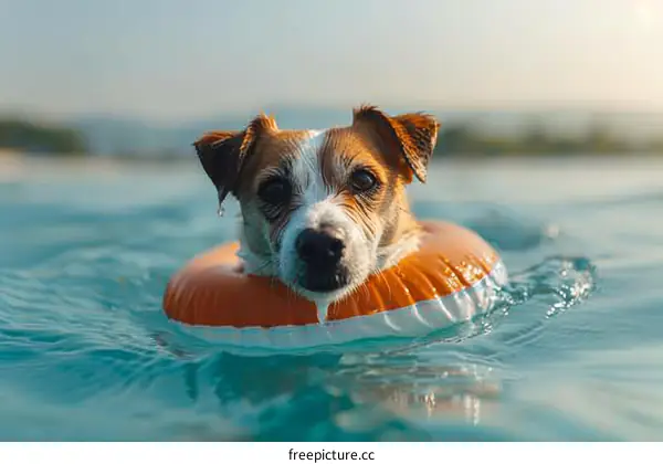 A cute brown and white dog wearing an orange life ring is swimming in a pool